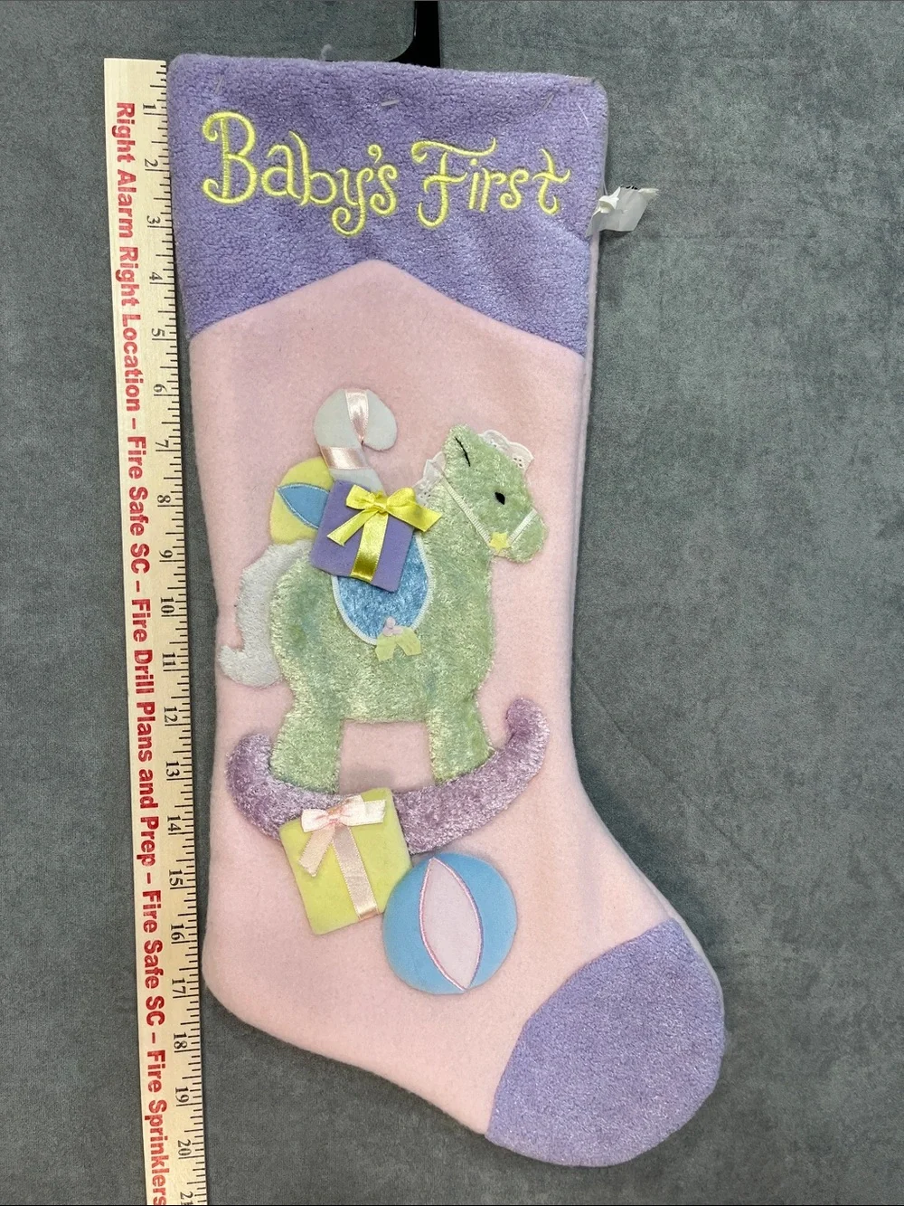 Baby’s First Christmas Stocking Pastel Rocking Horse Pink Purple 20” Vintage